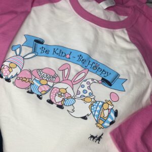 Be Kind Be Hoppy Gnome **YOUTH** white/pink sleeves. ***Youth Small white with Denim color sleeves
